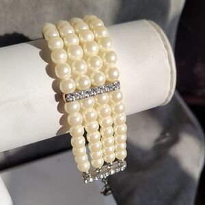 Avon Silver-plated 3 strand faux pearl bracelet with rhinestones